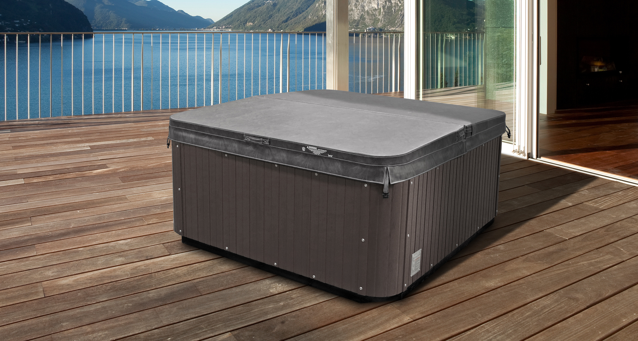 Hot tub on a Balcony Overlooking a Lake with Gray Cal Spas Spas Spa Cover